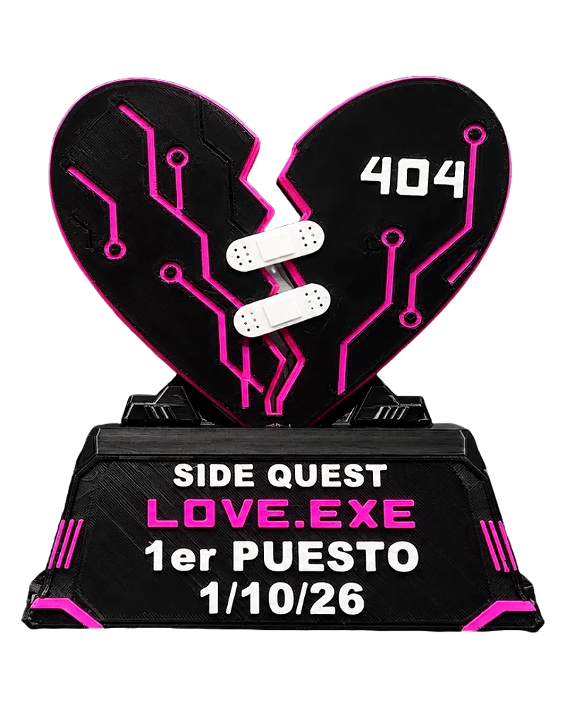 Trofeo LOVE.EXE: corazón negro y fucsia con circuitos sobre una placa con el nombre del evento